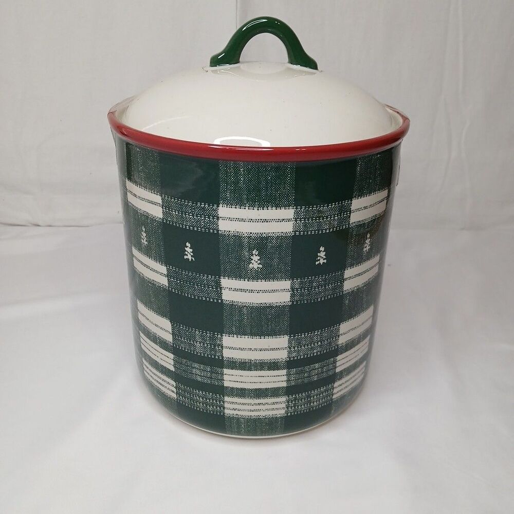 Hearth & Hand Farmhouse Stoneware Canister And Lid Trees Plaid NWT Lodge Cabin